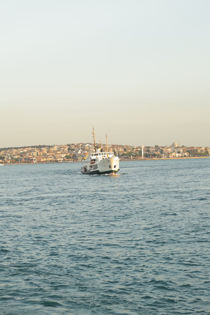 A tranquil ferry sails on the Bosphorus with Istanbuls skyline in the backdrop.